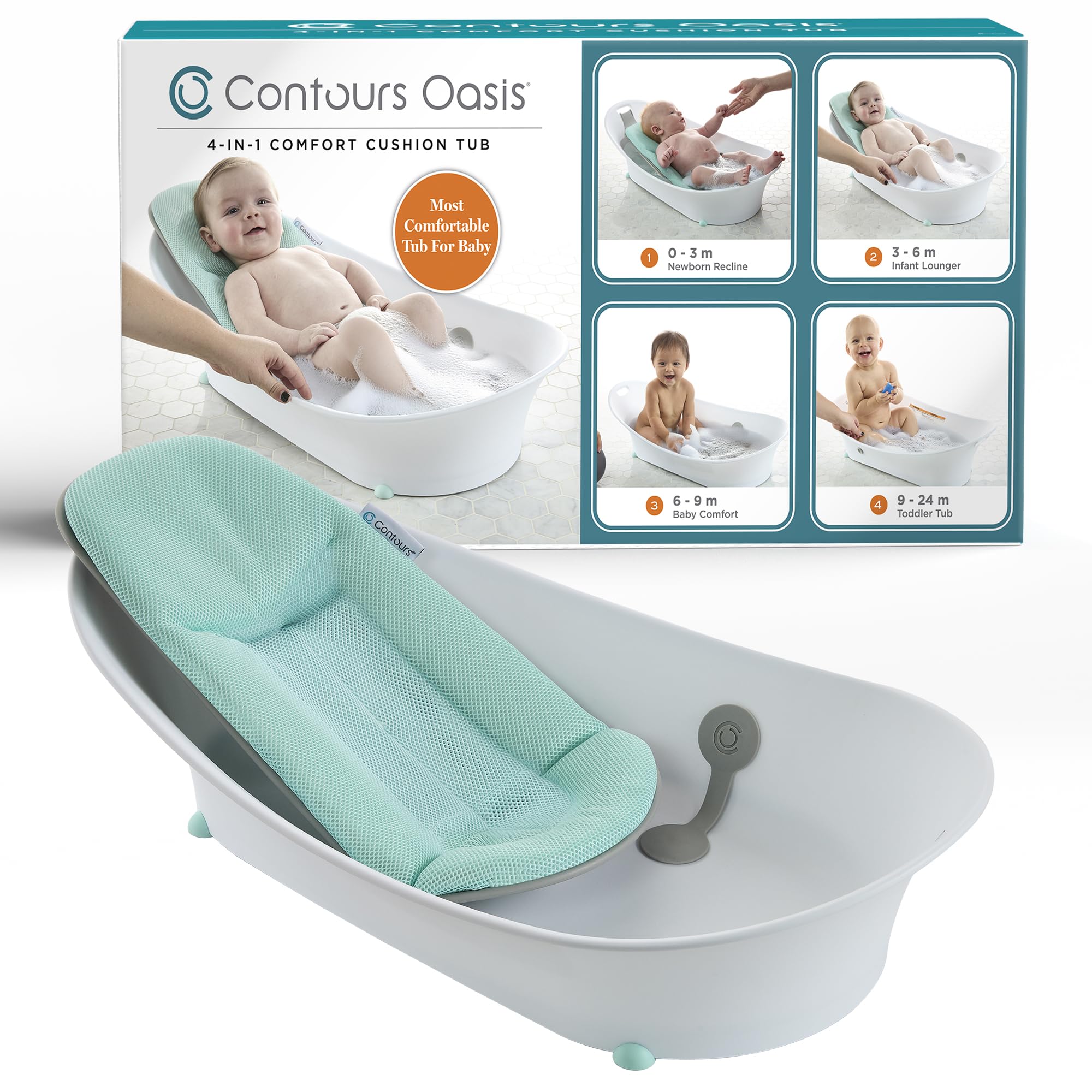 Photo 1 of ***MISSING CUSHION AND PLUG***Contours Oasis 4 in 1 Comfort Cushion Baby Bathtub, Portable Infant Bath Seat, Supportive for Newborns and Toddlers 0-24 Months, Grow with Me Design, Quick Dry Mesh Pad, Easy to Clean, Blue/White