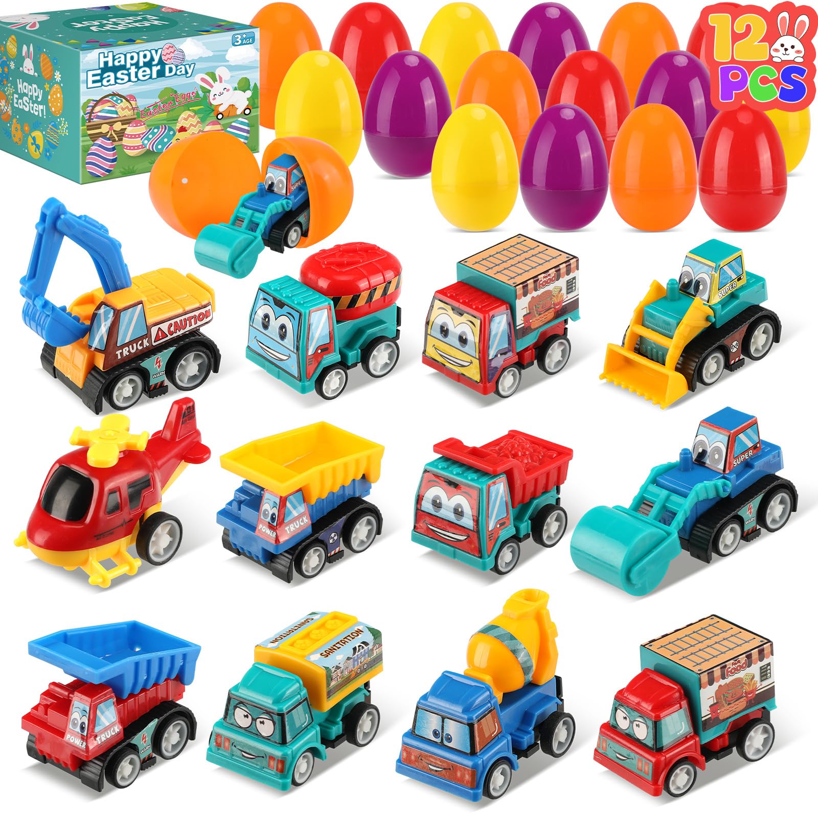 Easter Eggs for Kids Toddlers - Small Toys for Cars Plastic Eeaster Egg Fillers Stuffers - 12 Easter Eggs Bulk with Mini Pull Back Construction & Engineering Cars