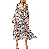Simplee Women's Floral Boho Long Sleeve Maxi Dress V Neck Empire Waist Swing Flowy Wedding Guest Dress