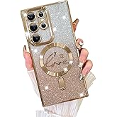 Fiyart Designed for Samsung Galaxy S23 Ultra Case,Compatible with MagSafe Love Heart Plating Camera Protection Clear Glitter Magnetic for Women Girls Shockproof Phone Cover Bumper 6.8"-Gold