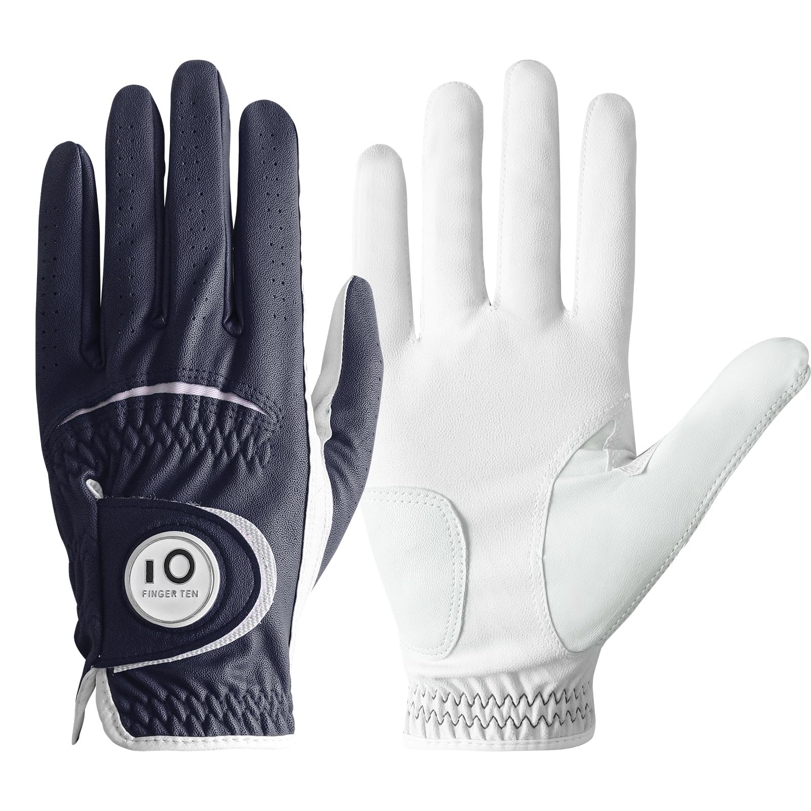 FINGER TEN Golf Gloves Men Right Hand Left Leather with Ball Marker All Weather Value Pack, Mens Golf Glove Wear Resistant Stable-Grip Weathersof for Swing (Dark Blue, M/L-Worn on Right Hand)