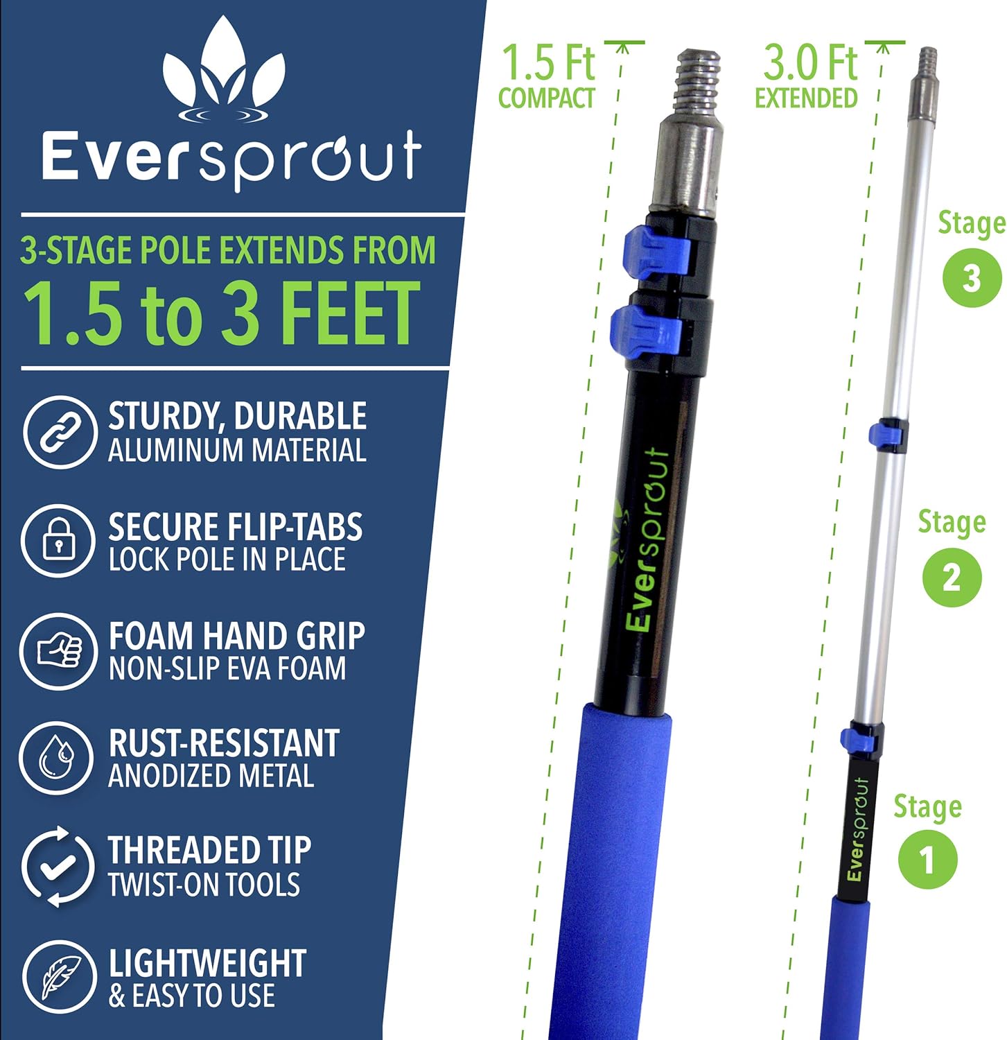 EVERSPROUT 1.5-to-3.5 Foot Scrub Brush (8-10 Ft. Standing Reach) | Built-in Rubber Bumper | Lightweight Extension Pole Handle | Soft Bristles wash Car, RV, Boat, Solar Panel, Deck | No Scratch Brush: Automotive