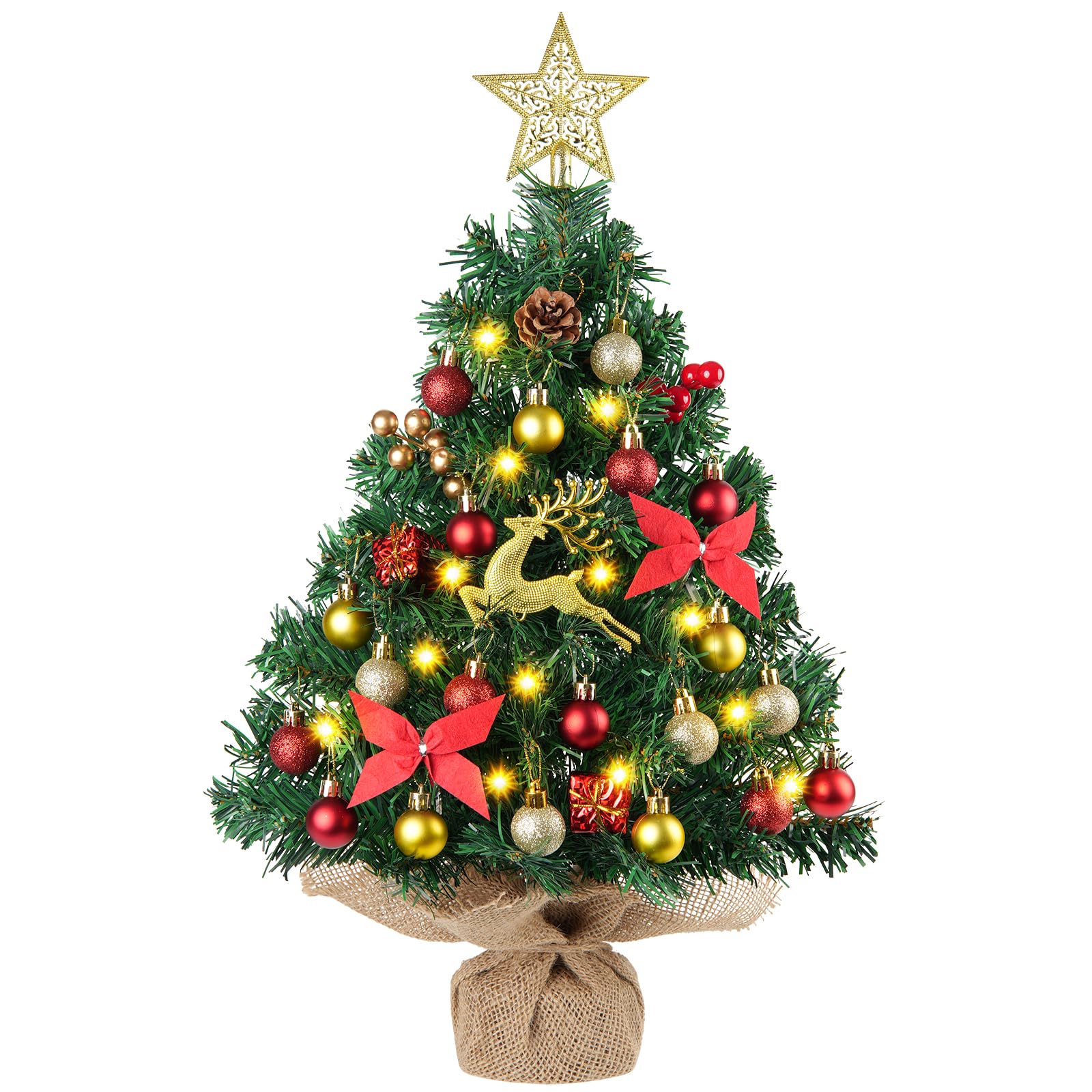 N&T NIETING Mini Christmas Tree with Lights, 61CM Table Top Tree with Star Tree Topper, Balls, Snow Flower, Artificial Xmas Tree for Home Office Desktop Party Indoor Christmas Decorations(Green-1)