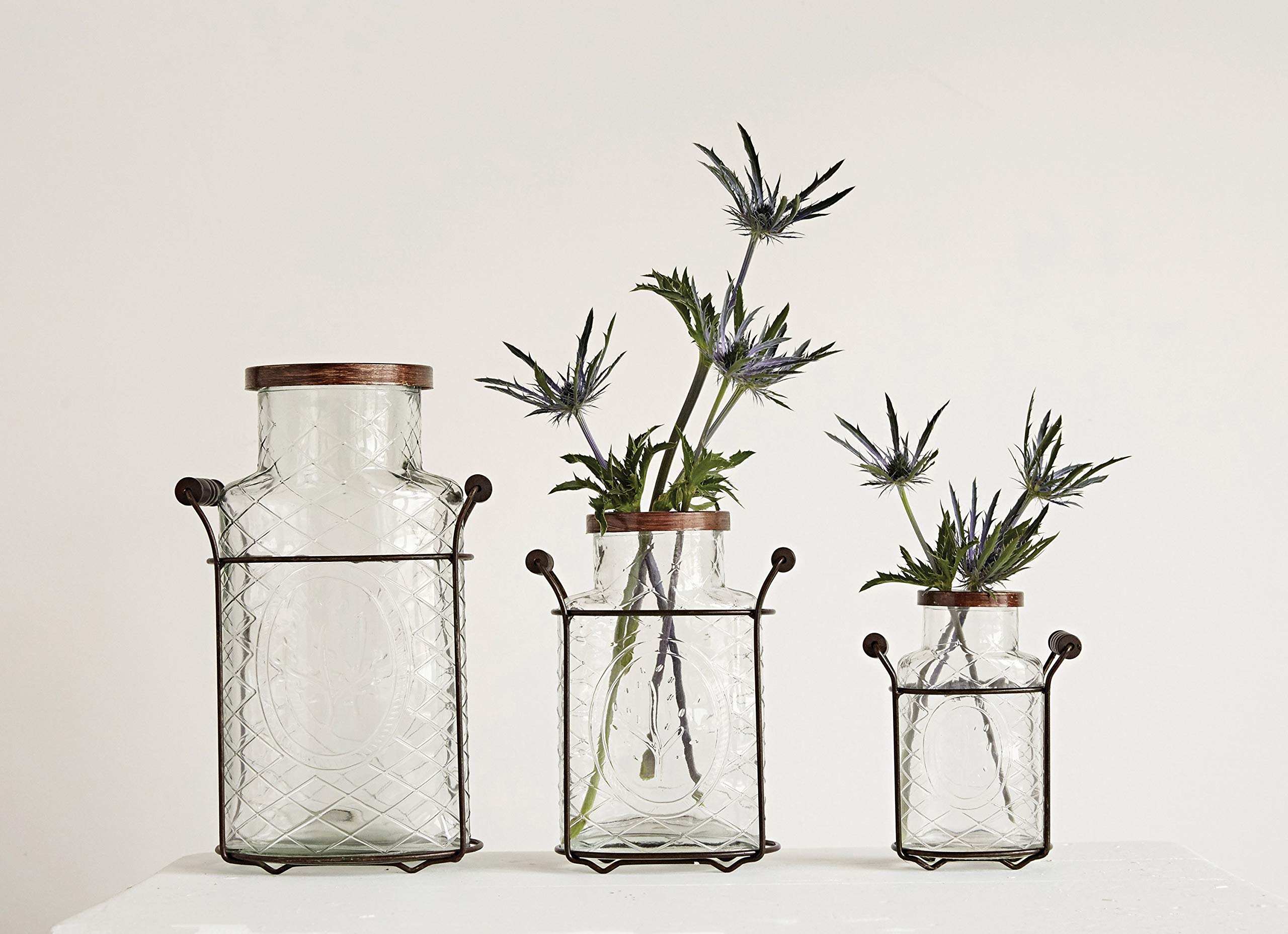 Creative CoOp DE3875 Glass vase in Metal Stand with Metal Frog Lid