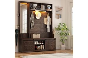 jiteentarou 79" Hall Tree with Bench and Shoe Storage,Entryway Bench with Coat Rack, Shoe Cubbies and Umbrella Holder,Mirror & LED Light,Mudroom/Hallway Storage,Brown