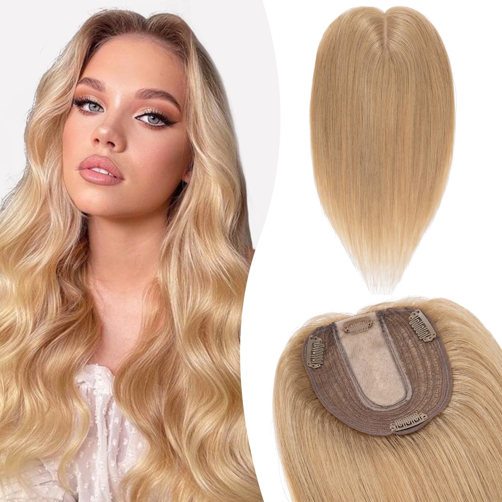 Silk-co 14inch Hair Topper for Thinning Hair Women Clip in Real Remy Human Hair Extensions Top Piece Base Size 10 * 12cm Silk+Lace Base (#27 Dark Blonde)