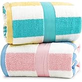 Jacquotha 100% Cotton Bath Towels Set of 2, Highly Absorbent Striped Towels for Bathroom, Hotel, Spa, Large 55 x 27.5 Inches (Peach-Pink & Teal)