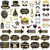Konsait Happy Birthday Party Photo Booth Props with Stick or Her Him Funny Birthday Black and Gold Decorations, Happy Birthday Party Favors Supplies for kids Adults Men and Women(49Counts)