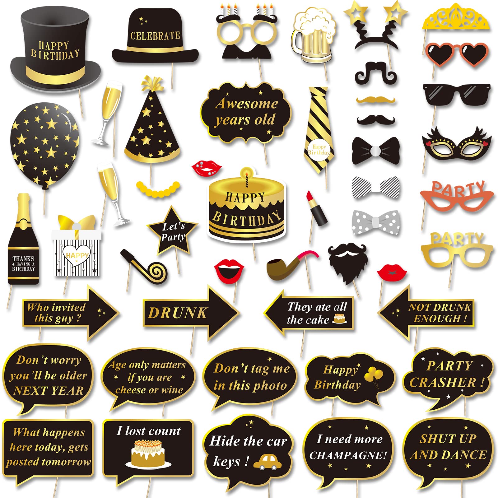 Photo 1 of Konsait Happy Birthday Party Photo Booth Props with Stick or Her Him Funny Birthday Black and Gold Decorations, Happy Birthday Party Favors Supplies for kids Adults Men and Women(49Counts)