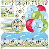 Bluey Birthday Decorations for 16 - Bluey Plates and Napkins, Tablecloth, Balloons, Banner, Swirls - Party Supplies - Officially Licensed