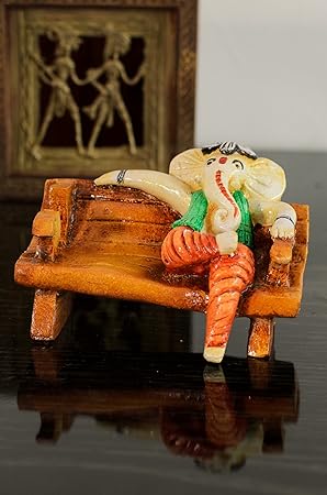 eCraftIndia Lord Ganesha in McDonald Style Visiting Card Holder Polyresin and Wood Statue (10 cm x 5 cm x 7.5 cm, Green and Brown)