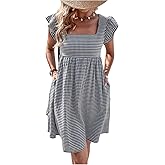 OYOANGLE Women's Gingham Plaid Ruffle A Line Dress Cap Sleeve Square Neck Midi Sundress