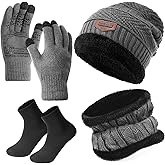 Shyyween 4 Pcs Winter Knit Beanie Hat Neck Warmer Scarf Touch Screen Gloves and Sock Set Fleece Lined Skull Cap for Men Women