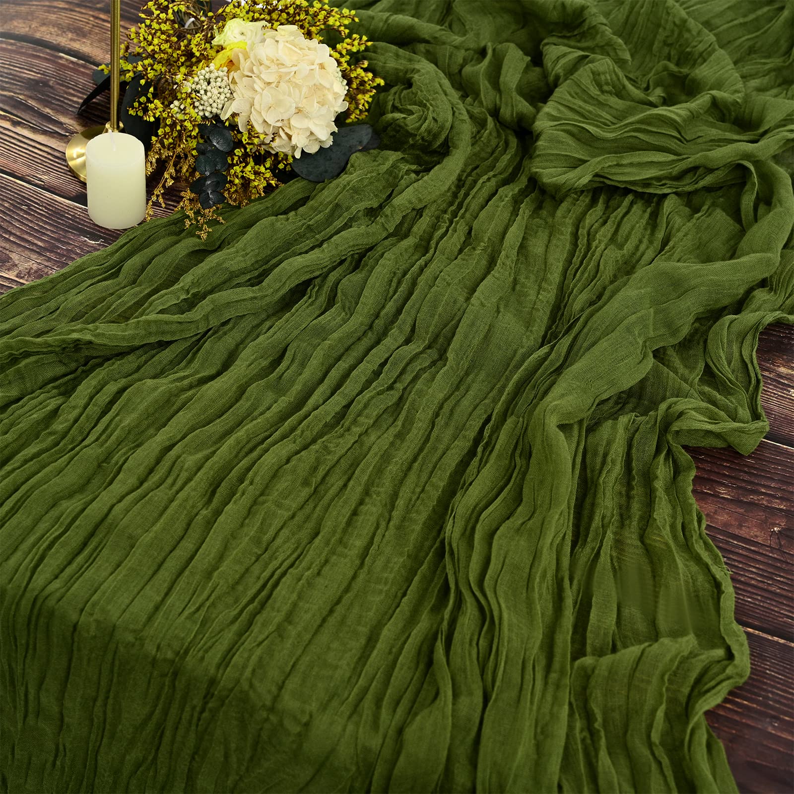 YMHPRIDE 2 Packs Cheesecloth Table Runner, 35"x120" Olive Green Rustic Gauze Fabric Boho Table Runner, Cheesecloth Wedding Table Decor Table Cloth for Wedding Party Bridal Shower Table Decorations