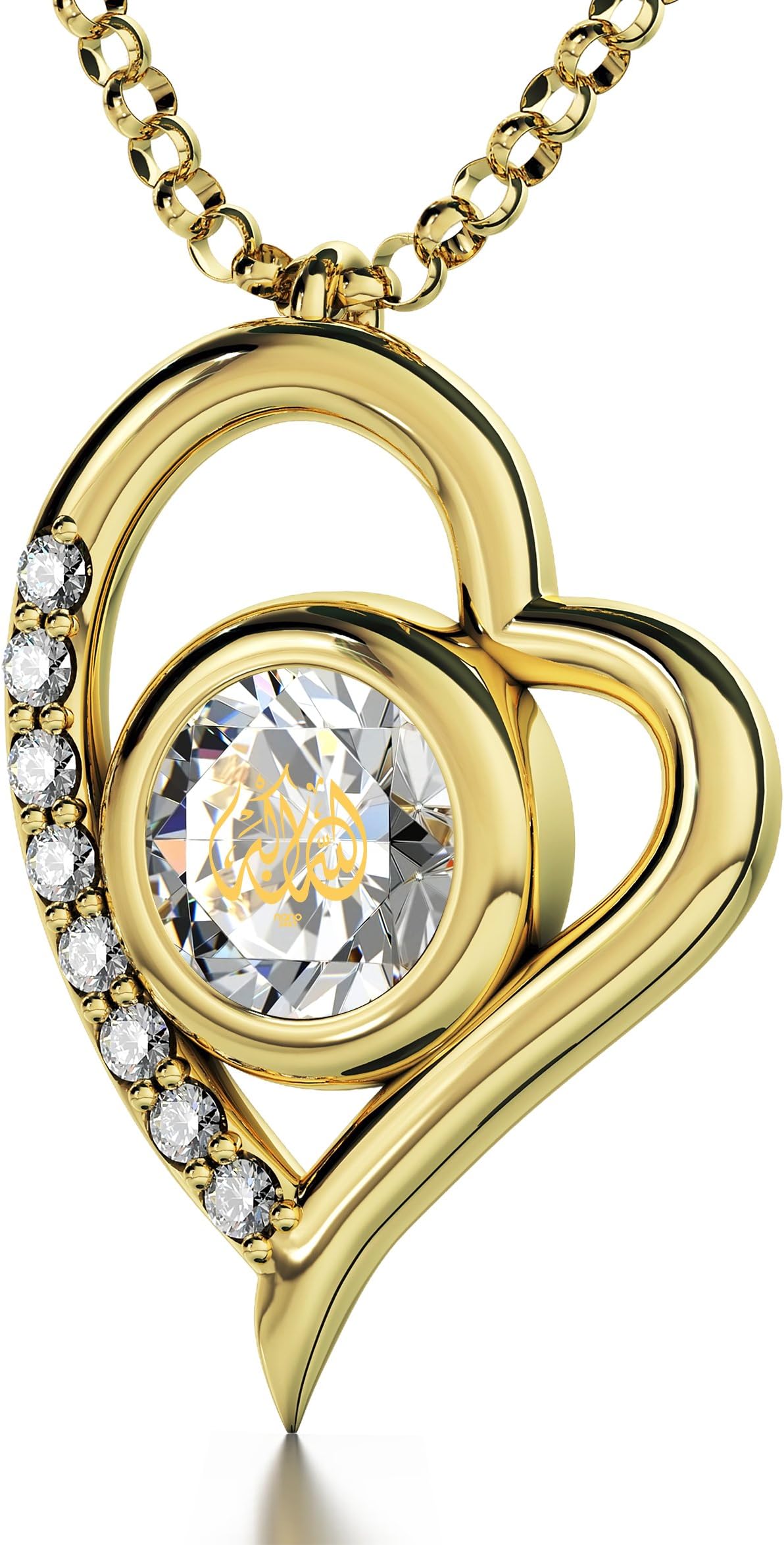 NanoStyle Yellow Gold Plated Heart Necklace Allah Hu Akbar 24k Gold Inscribed on Crystal, 18" Chain