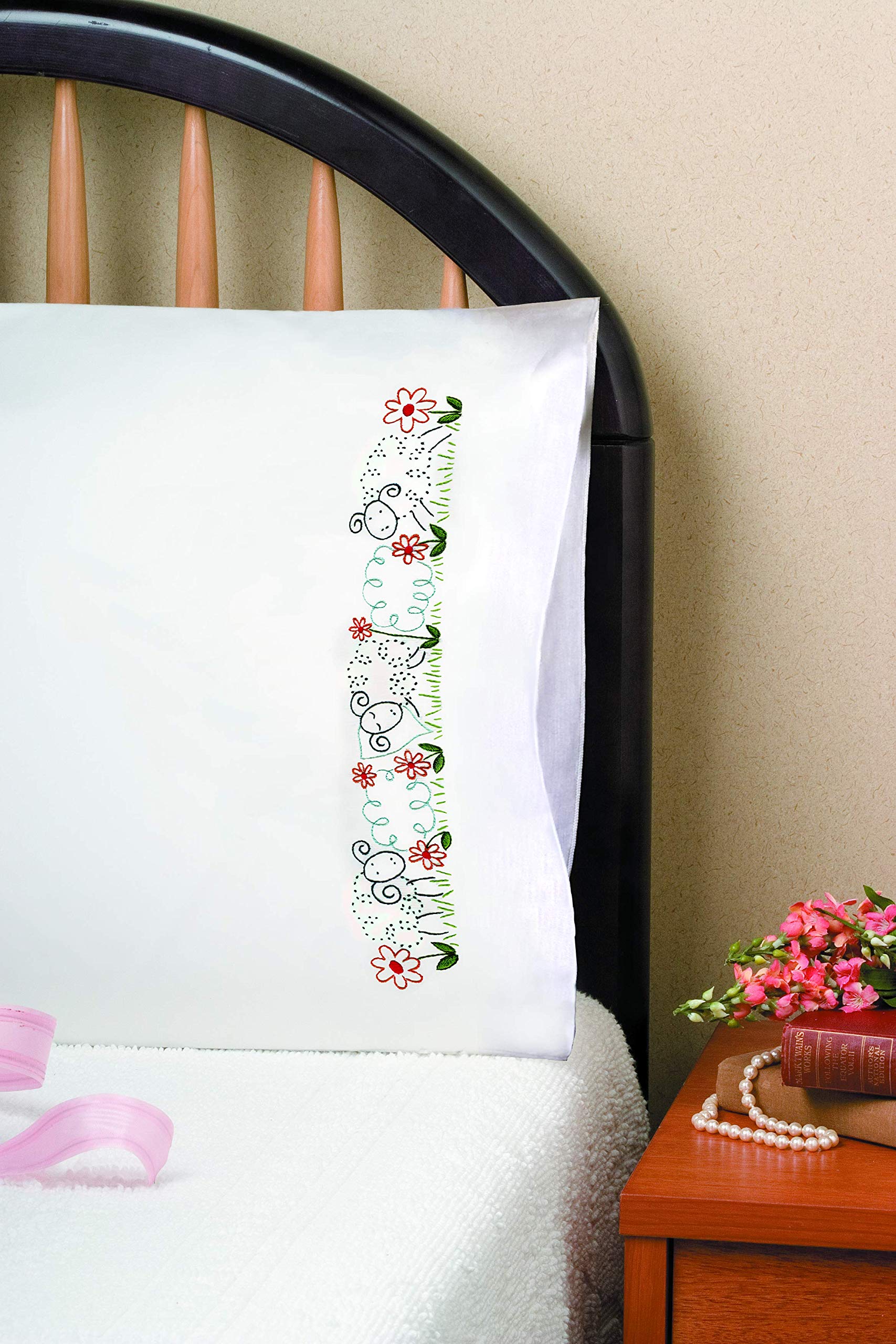 Tobin T232113 Stamped Pillowcase Pair Embroidery Kit, Sheep, White, 30x40