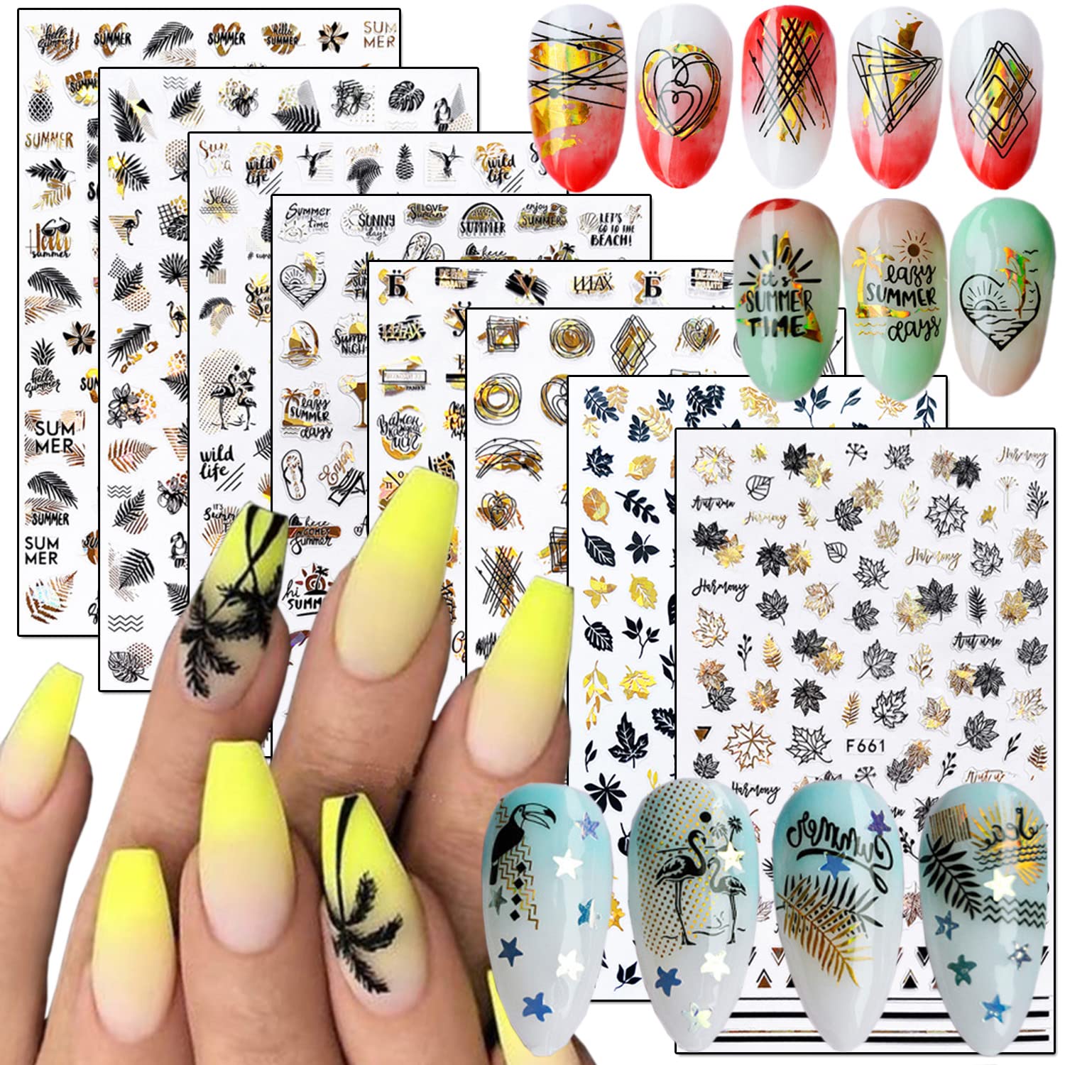 8 Sheets Summer Nail Art Stickers, Holographic 3D