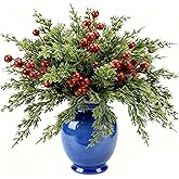 SURPZON Christmas Artificial Pine Branches with Red Berry Stems- 10inch Faux Evergreen Norfolk Pine Cypress Leaves Stems- Fake Foliage Pine Needles Picks for DIY Craft Garland Home Decor