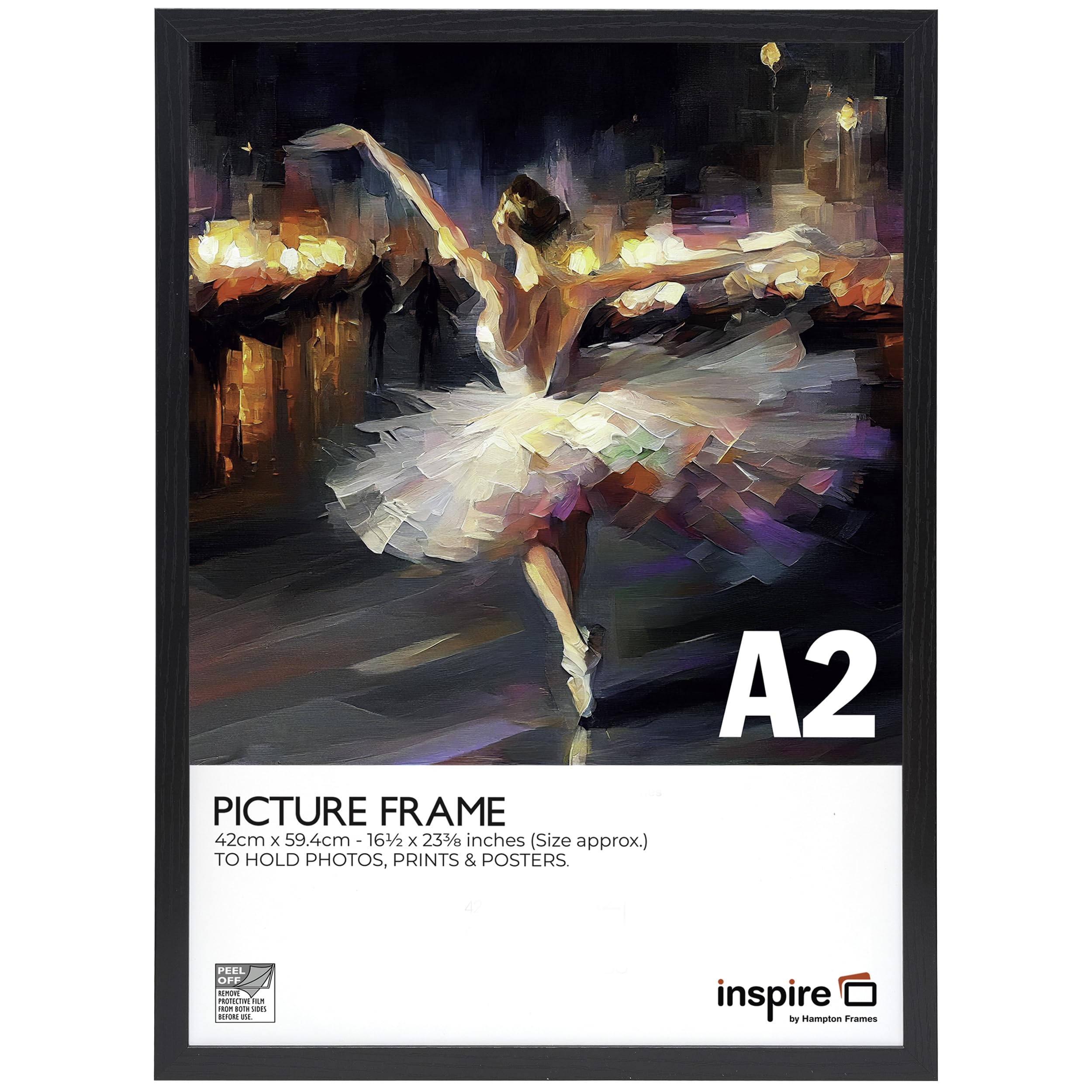 inspire by Hampton Frames | Cambridge A2 Poster Frame, 42x59cm, Black, Acrylic (Non-Glass), MDF | Wall Mount, Landscape or Portrait | Modern Display for Photos, Posters, Artwork
