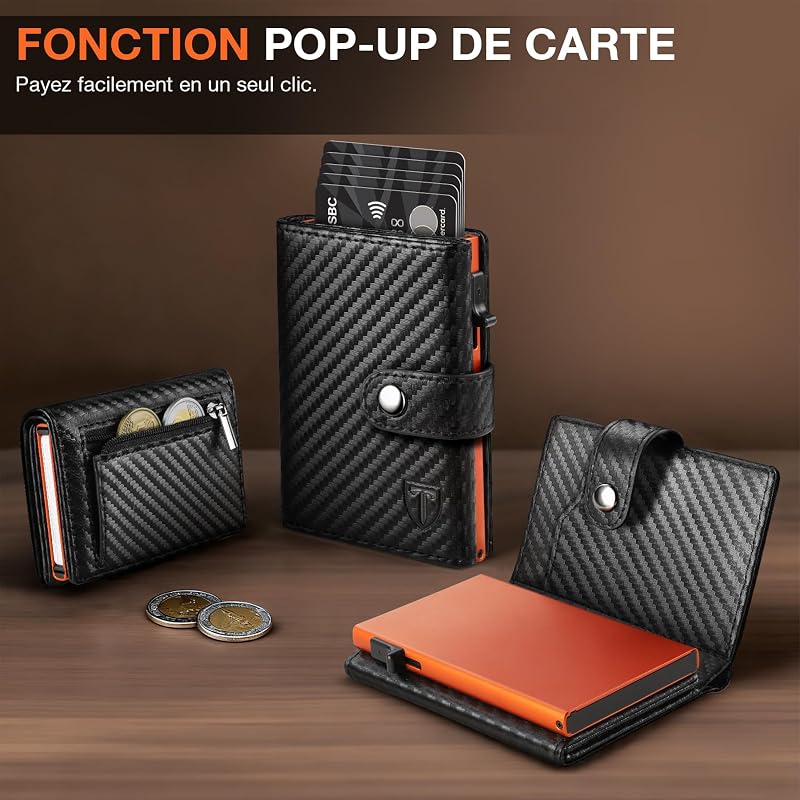 Portefeuille Homme en Fibre de Carbone | Portefeuilles avec Compartiment à Billets & Monnaie | Porte Carte Bancaire Homme avec Blocage RFID | Porte-Cartes de Crédit Bancaire Anti (Noir- Orange)