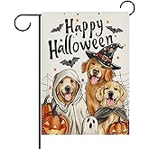 Dyrenson Happy Halloween Ghost Dogs Decorative Garden Flag, Spooky Golden Retriever Yard Outside Home Decoration Pet Owner Lover Gift, Jack O Lantern Pumpkin Outdoor Small Decor Double Sided 12x18