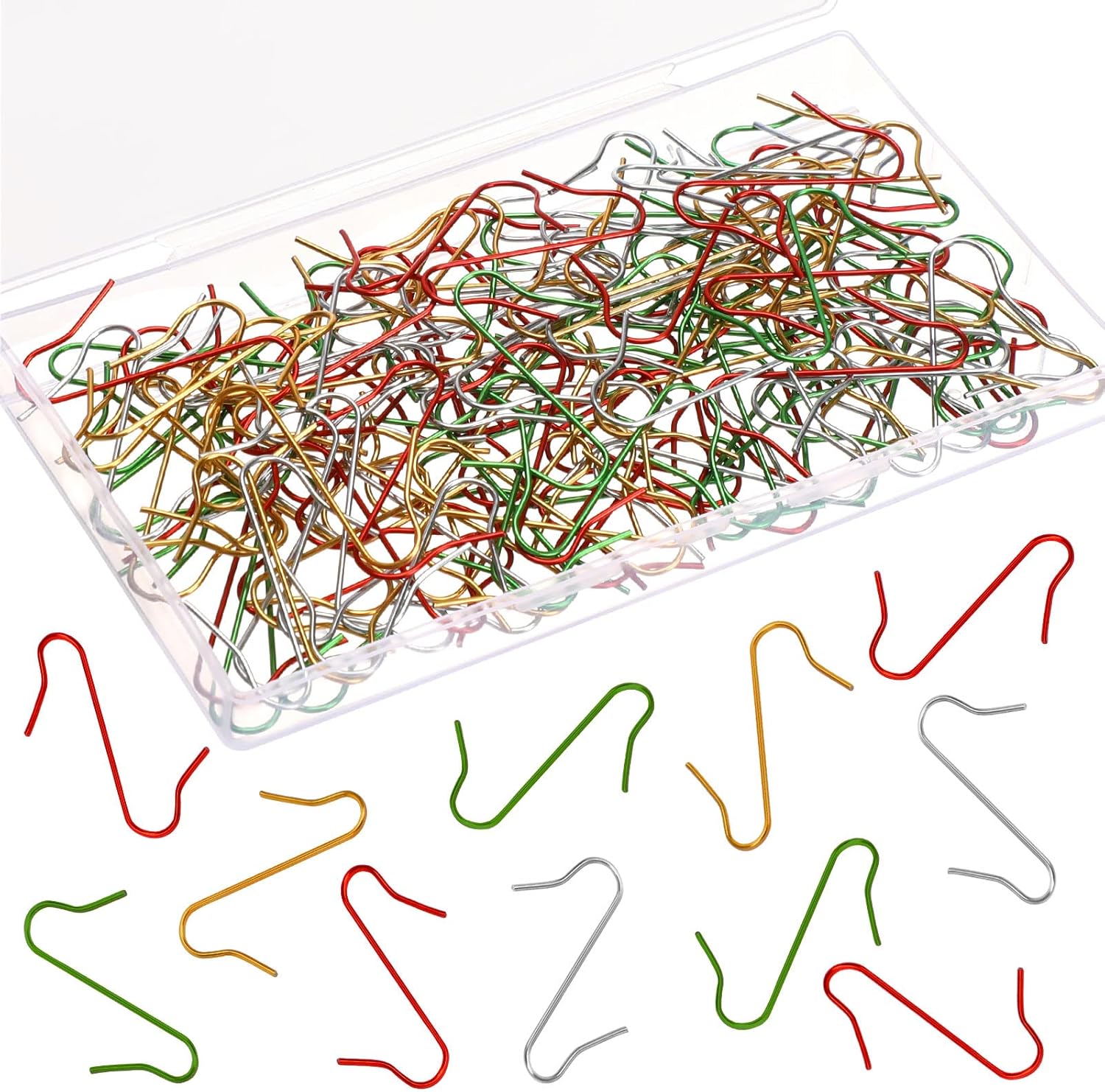 Ornament Hooks - FEBSNOW 120Pcs Christmas Ornament Hooks Christmas S-Shaped Hooks for Ornaments Metal Wire Hooks with Storage Box Ornament Hangers for Xmas Tree Festival Decoration (Gold, Sliver, Red and Green)