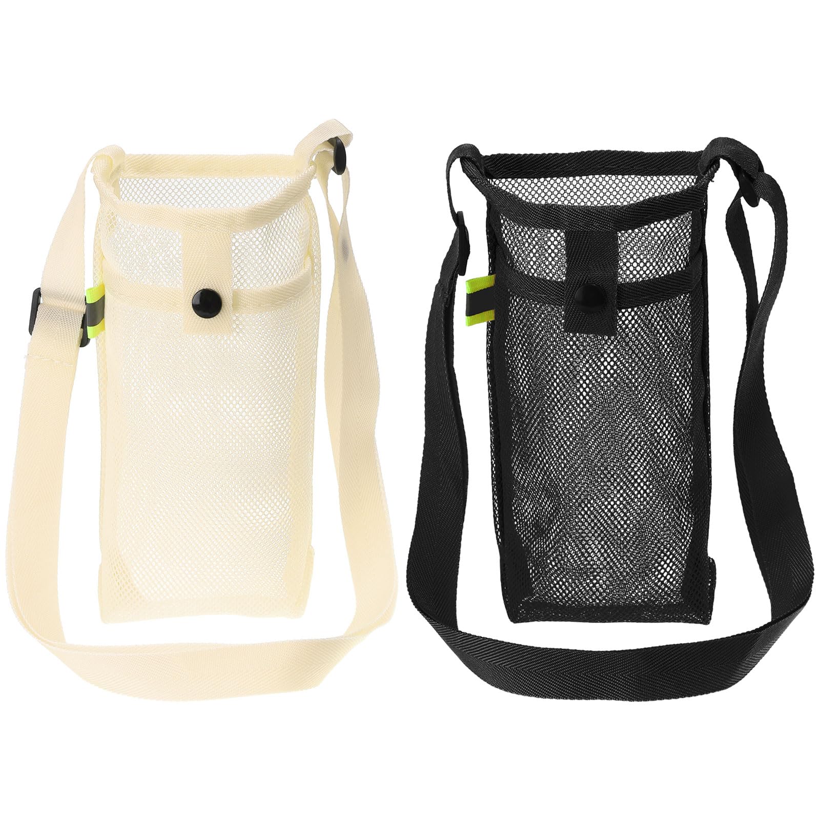 PATIKIL 22mmx13mm Water Bottle Bag, 2 Pack Mesh Portable Bottle Holder Carrier Adjustable Shoulder Strap for Sports Hiking Camping, Black Beige