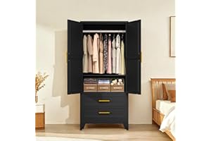 PAOFIN Black 71" Metal Armoire Wardrobe Closet, Bedroom Clothing Storage Cabinet with 2 Drawers and Hanging Rod, Freestanding Armoire Cabinet with Adjustable Shelves