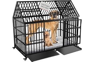 AESOROMO Heavy Duty Dog Crate 54 inch with Mat XL Large Pet Dog Cage Crate Kennel with Roof Top 2 Doors Removable Trays, Lockable Wheels Escape-Proof for High Anxiety Dogs (Black, 54 inch)