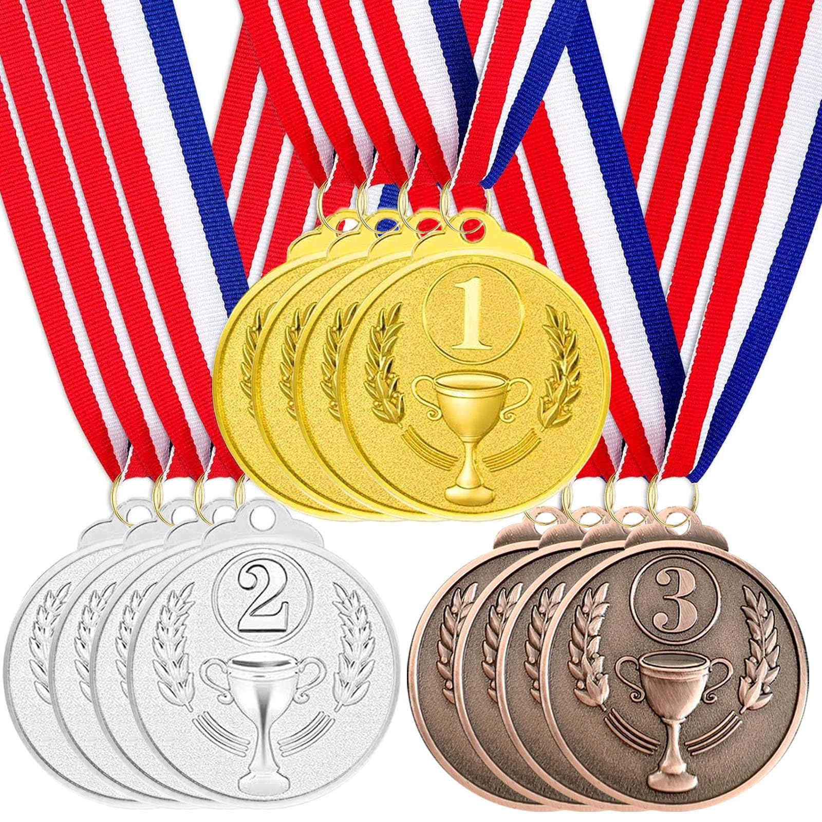 Santme 12PCS Award Medals, Gold Silber Bronze Medals with Neck Ribbons Winner Medals Kids Reward Medal for Sports, Competitions, Party, Olympic Style