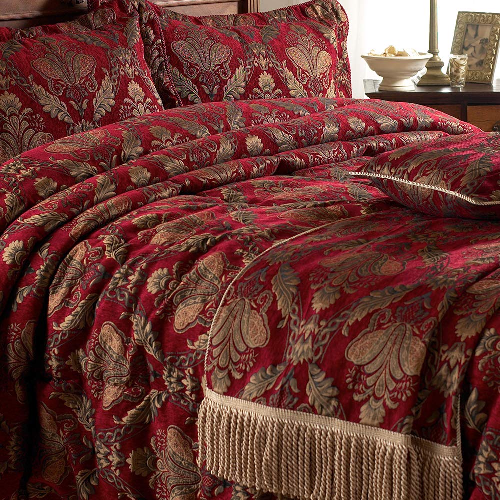 Paoletti Shiraz Throw Bed Runner – Embroidered Damask Jacquard Burgundy Gold (Burgundy Red – 130 x 170 cm)
