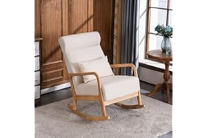 VINGLI Rocking Chair Nursery, 25.2" High Backrest Mid-Century Rocking Chair with Wooden Armrest Upholstered Glider Rocker with Free Lumbar Pillow for Living Room (Beige)