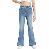 EXARUS Girls Flare Jeans Bell Bottom Teen Denim Pants Flared Ripped Cute Bootcut Mid Rise Elastic Band Pockets Kids