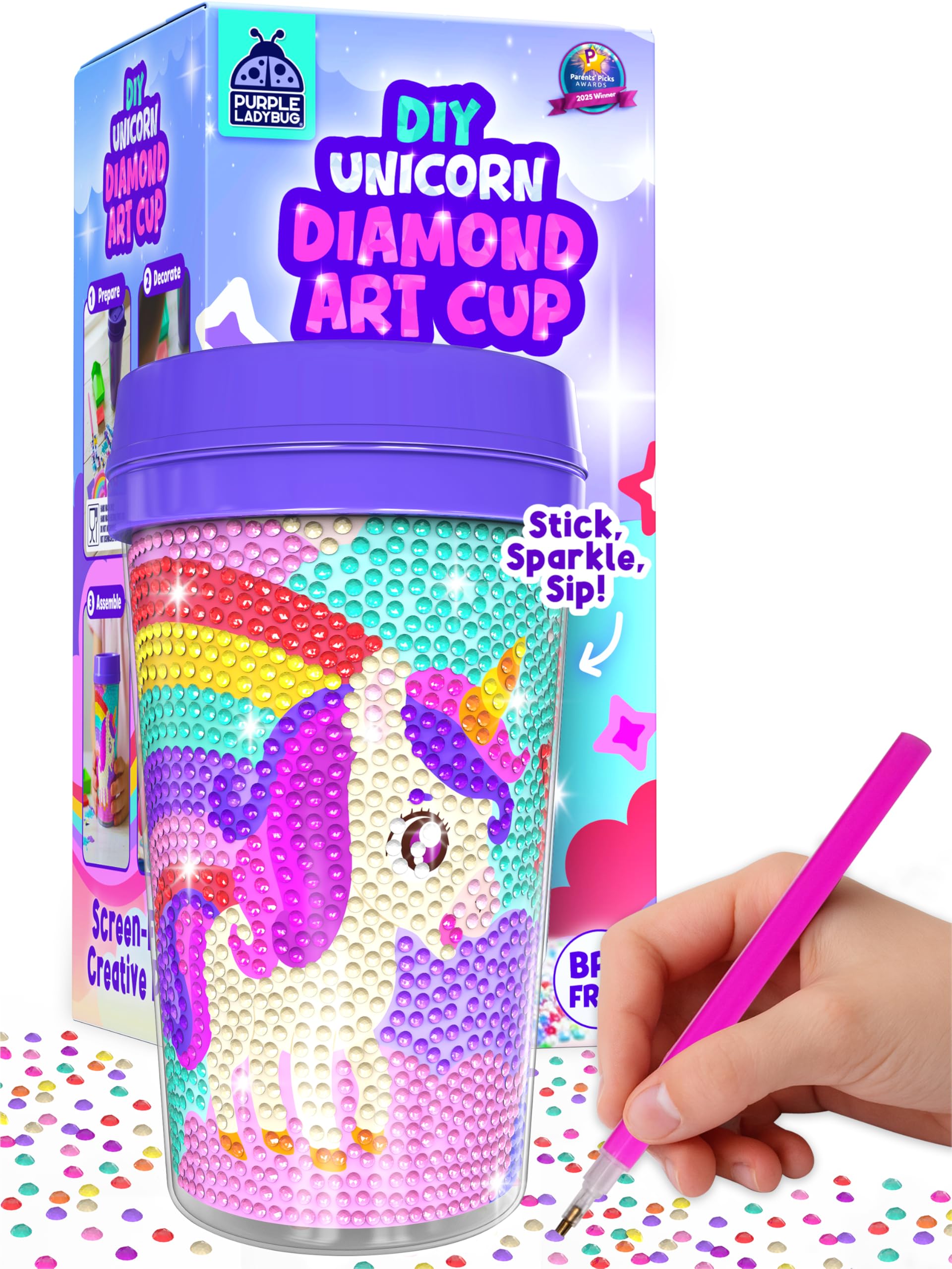 PURPLE LADYBUG DIY Unicorn Cup Diamond Art Kits, 5D Gem Art Gifts for Girls Age 7 8 9 10 11 12, BPA Free 16 oz Unicorn Water Bottle, Arts and Craft Set Girls Birthday Presents, Mosaic Kit for Children