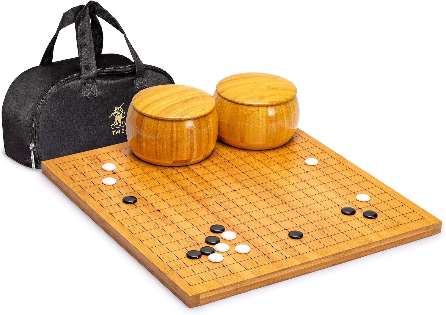 Bamboo 2-Centimeter Etched Reversible 19x19 / 13x13 Go Game Set Board with Single Convex Melamine Stones and Bamboo Bowls Set