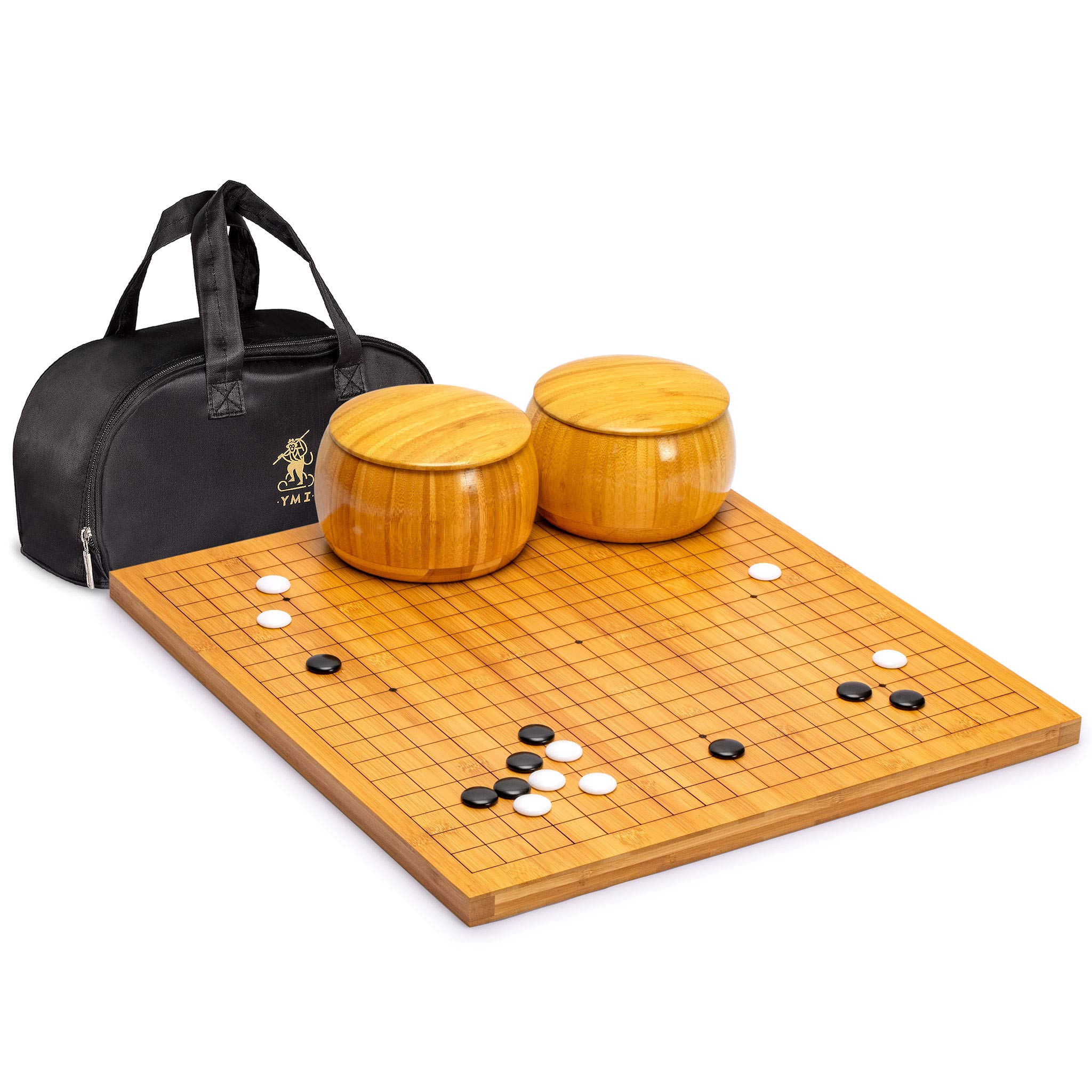 Bamboo 2-Centimeter Etched Reversible 19x19 / 13x13 Go Game Set Board with Single Convex Melamine Stones and Bamboo Bowls Set - Classic Strategy Board Game (Baduk/Weiqi)