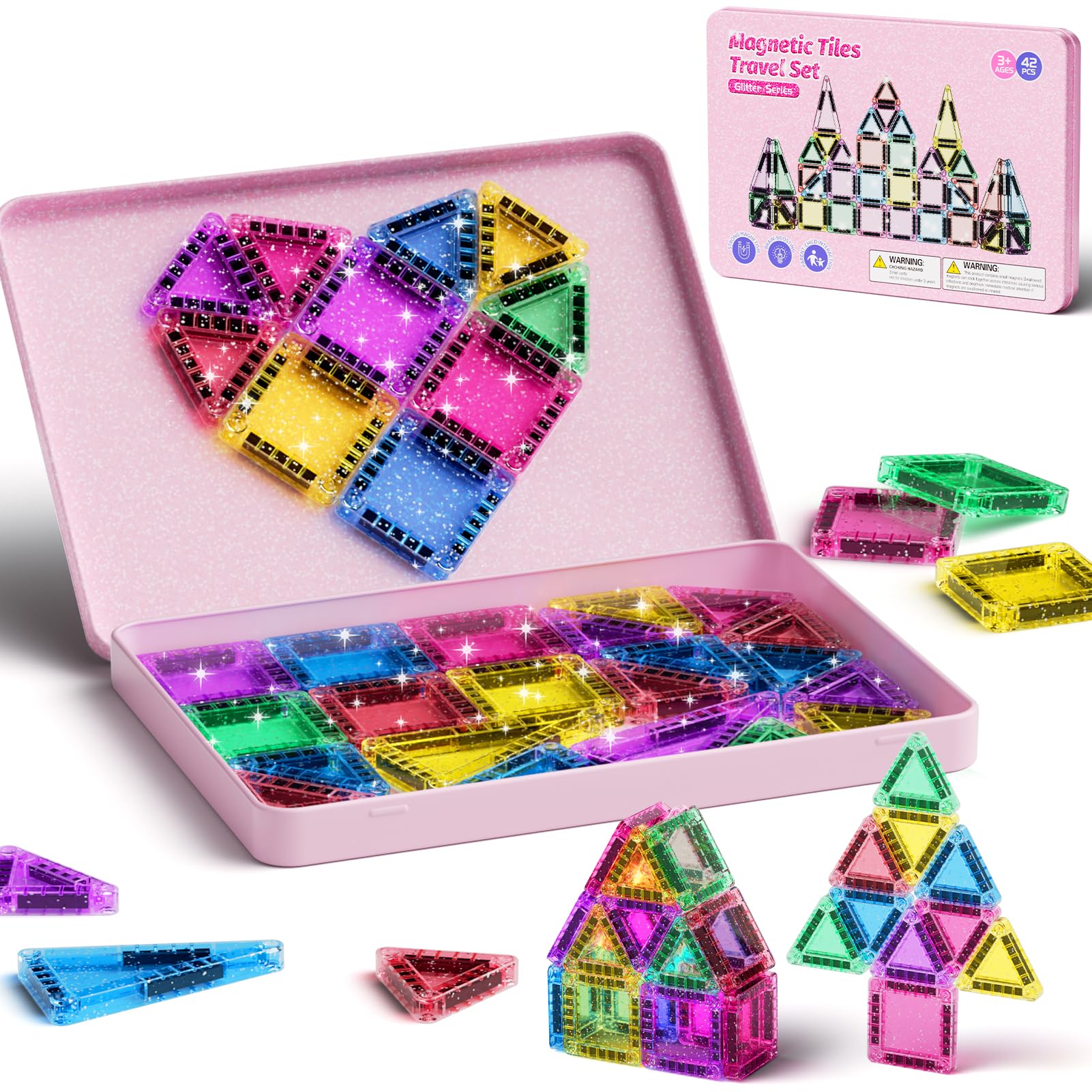 Travel Magnetic Tiles Glitter Construction Set 42pcs Travel Toys for Kids MINI Magnet Tiles with Iron Box Base, Magnetic Building Blocks Stem Toy Gift for 3+ Years Girl