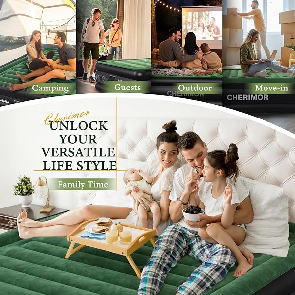 CHERIMOR QUEEN AIR MATTRESS WITH BUILT-IN PUMP, 18″ RAISED COMFORT, 800LBS HEAVY-DUTY SUPPORT, ANTI-SAG HORIZONTAL BEAM, LEAK-RESISTANT DESIGN, 3-MIN FAST INFLATION BLOW UP BED FOR GUESTS & CAMPING