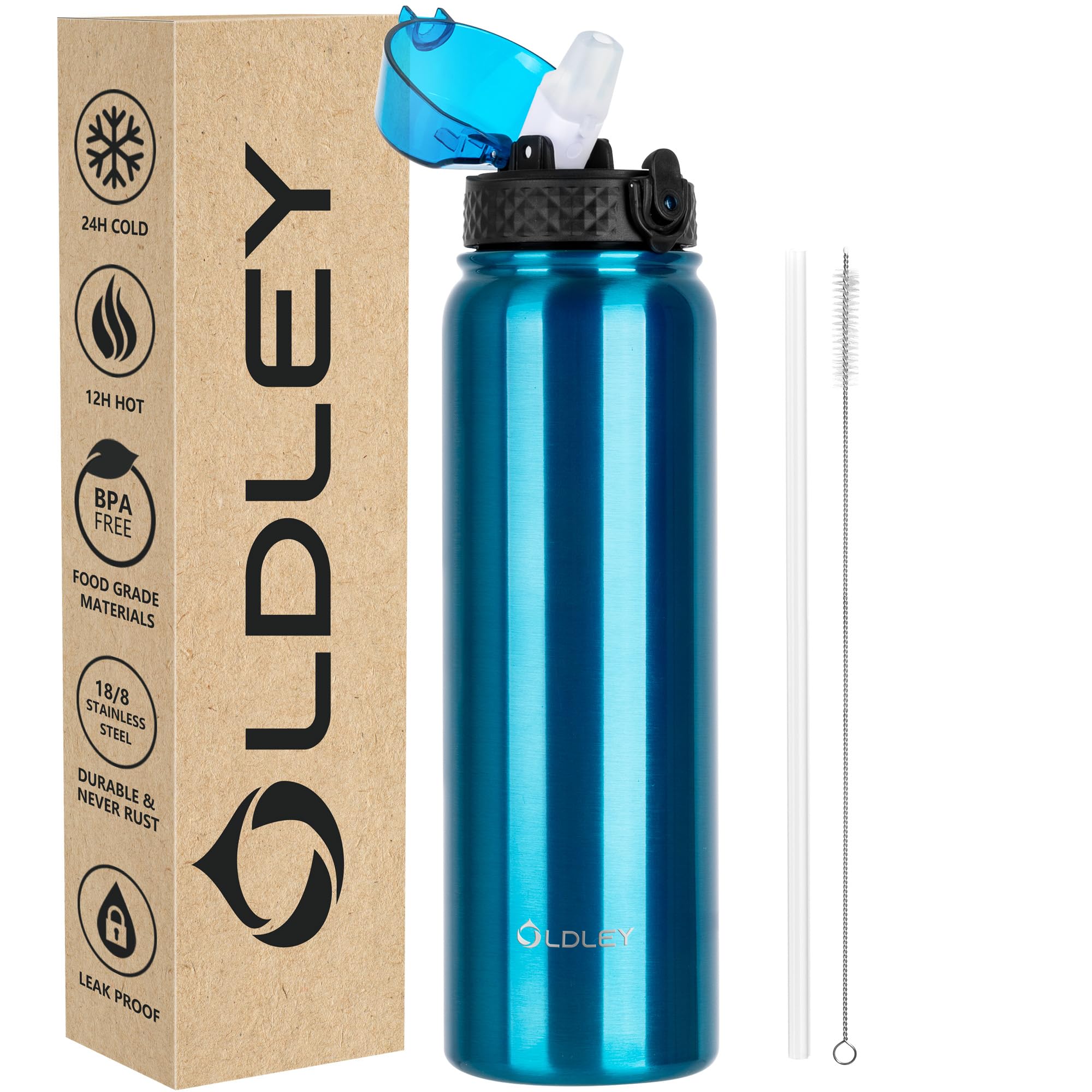 OLDLEY Stainless Steel Water Bottle with Straw 1L Vaccum Insulated Large Drink Flask Metal Water Bottles 1 Litre Leakproof Keep Drinks Hot Cold for Sports Travel Adult Women Men(Bright Blue, 1 Lid)