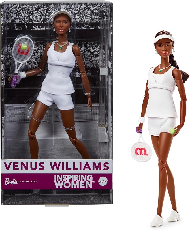 Colección Inspiring Women Venus Williams Muñeca de Moda con equipación de Tenis característica y Raqueta, Incluye Embalaje para exposición, HRM49