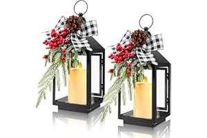HONOSON 2 Pcs 14 Inch Christmas Lanterns Decorative Outdoor for Porch with LED Candle Pine Cones Holly Berry Metal Hanging Vintage Lantern with Plaid Ribbon Bow for Indoor Home Table Deco(White Plaid)