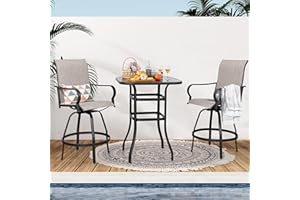 Shintenchi 3 Pieces Outdoor Swivel Bar Set, All Weather Textile Fabric Patio High Bar Stool Bistro Set with 2 Height Back Bar Chairs and Glass Table for Home, Backyard, Garden, Lawn, Porch，Taupe