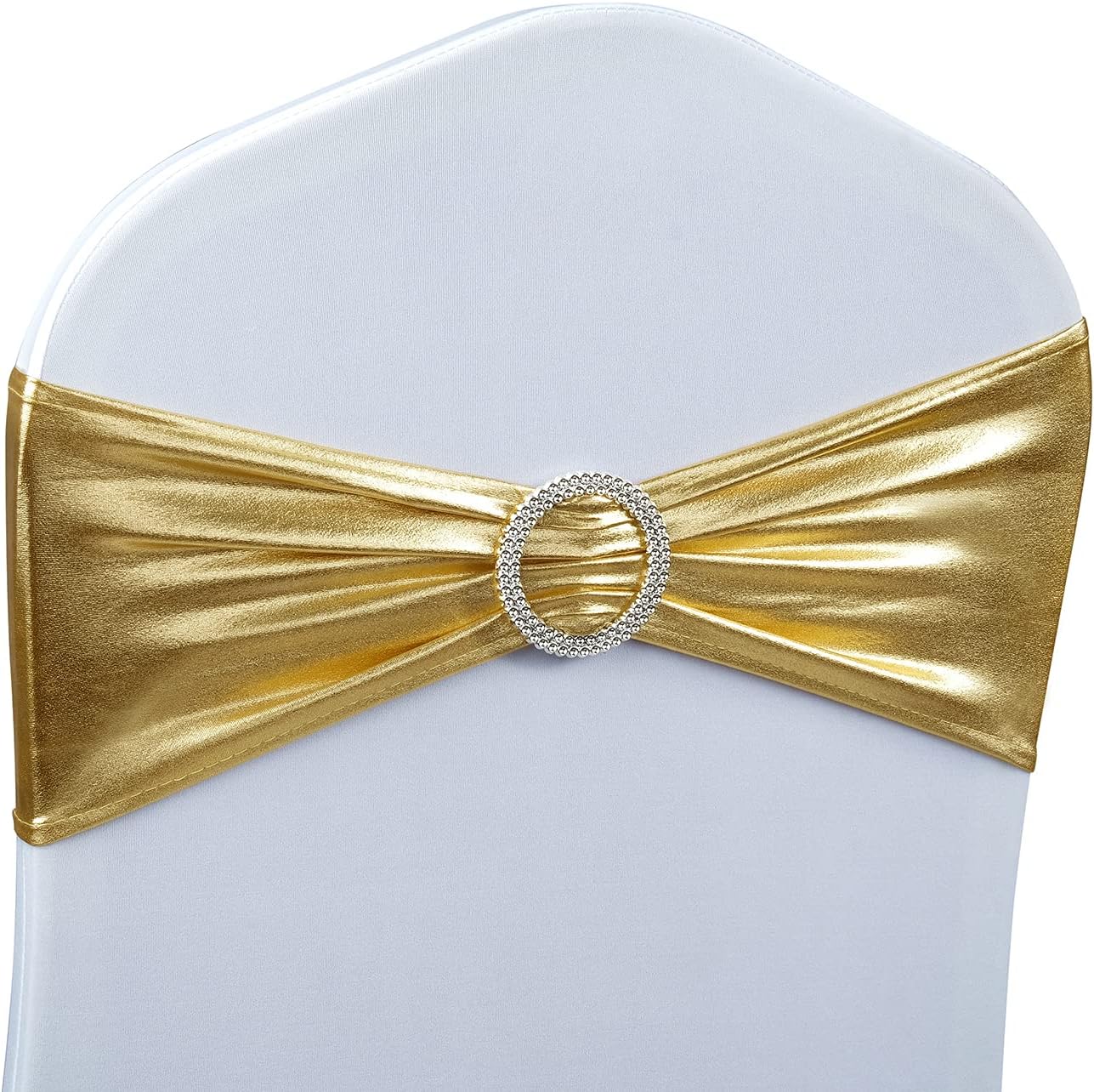 Slipcovers - Babenest Spandex Chair Sashes Bows 50PCS Premium Stretch Chair Cover Band with Buckle Slider Universal Elastic Chair Ties for Wedding Party Ceremony Reception Banquet Decoration (Metallic Gold)