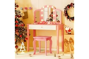 Costzon Kids Vanity, Girls Vanity Set with Mirror and Stool and Lights, Storage Drawer, Princess Toddler Makeup Vanity Desk Dressing Table, Wooden Kids Vanity Table and Chair Set (Pink)