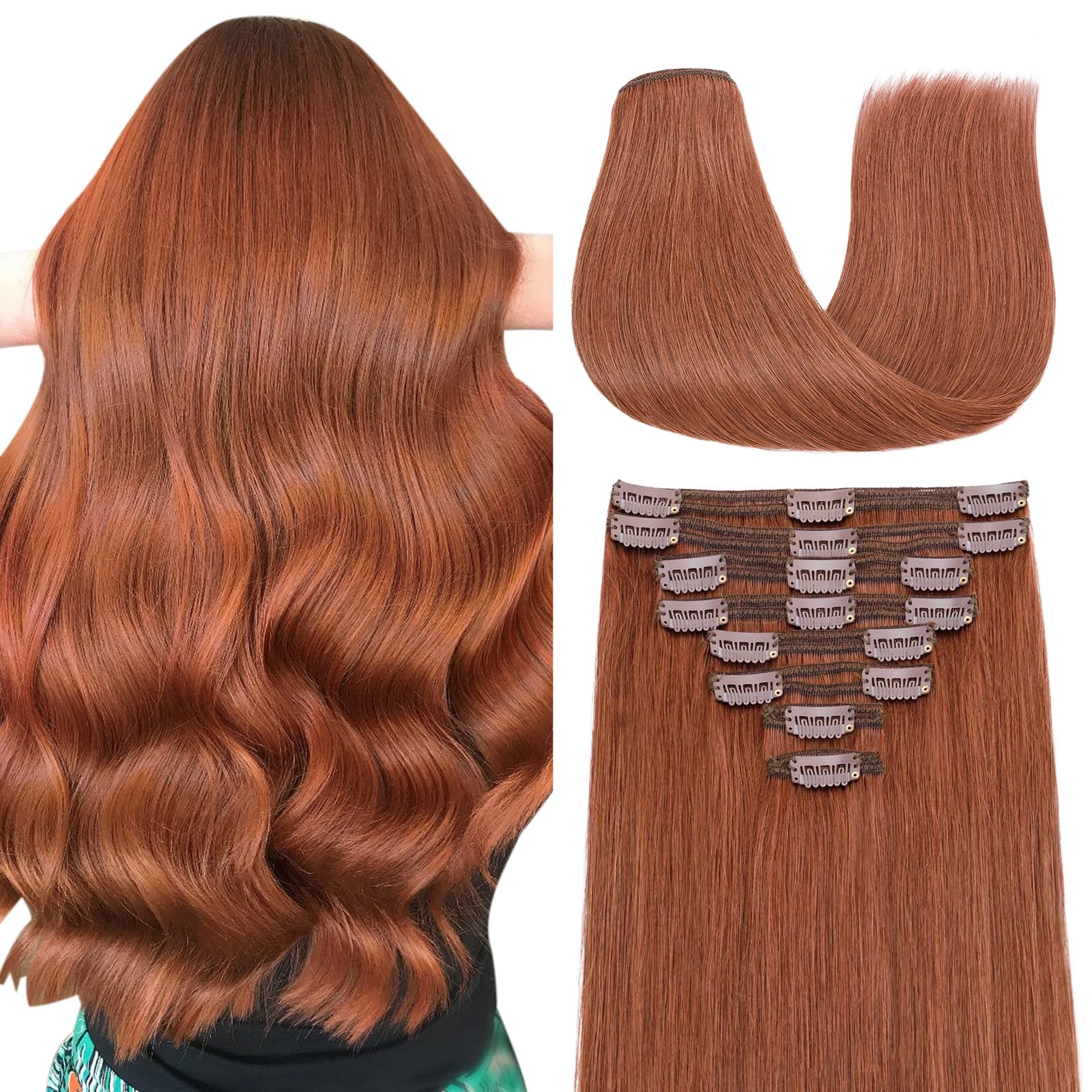 Photo 1 of Elailite Clip in Hair Extensions Real Human Hair Double Weft Thick 8pcs Weft Auburn Copper Red 22 Inch 160g Remy Hairpieces Balayage Full Head Straight for Women