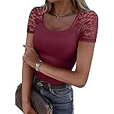 ANRABESS Womens Short Sleeve Shirts Scoop Neck Lace Going Out Tops Slim Fit Rib Knit Casual Tee 2026 Summer Fashion Outfits