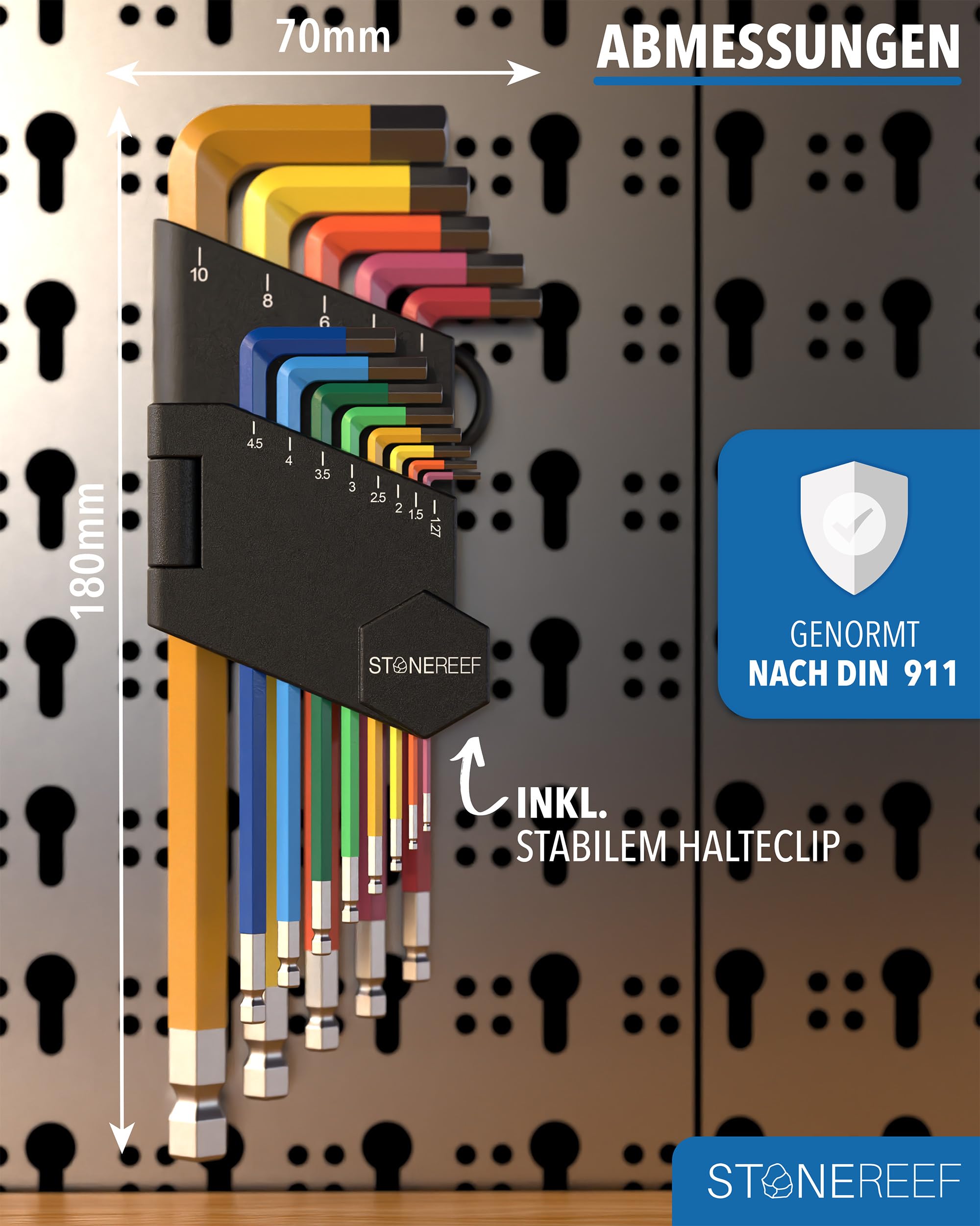 STONE REEF Innensechskantschlüssel Set 13tlg. [inkl. Kugelkopf] - 1,27-10mm Sechskant Multicolour Satz, Sechskantschlüssel Set für Handwerker, Winkelschlüsselsatz 5