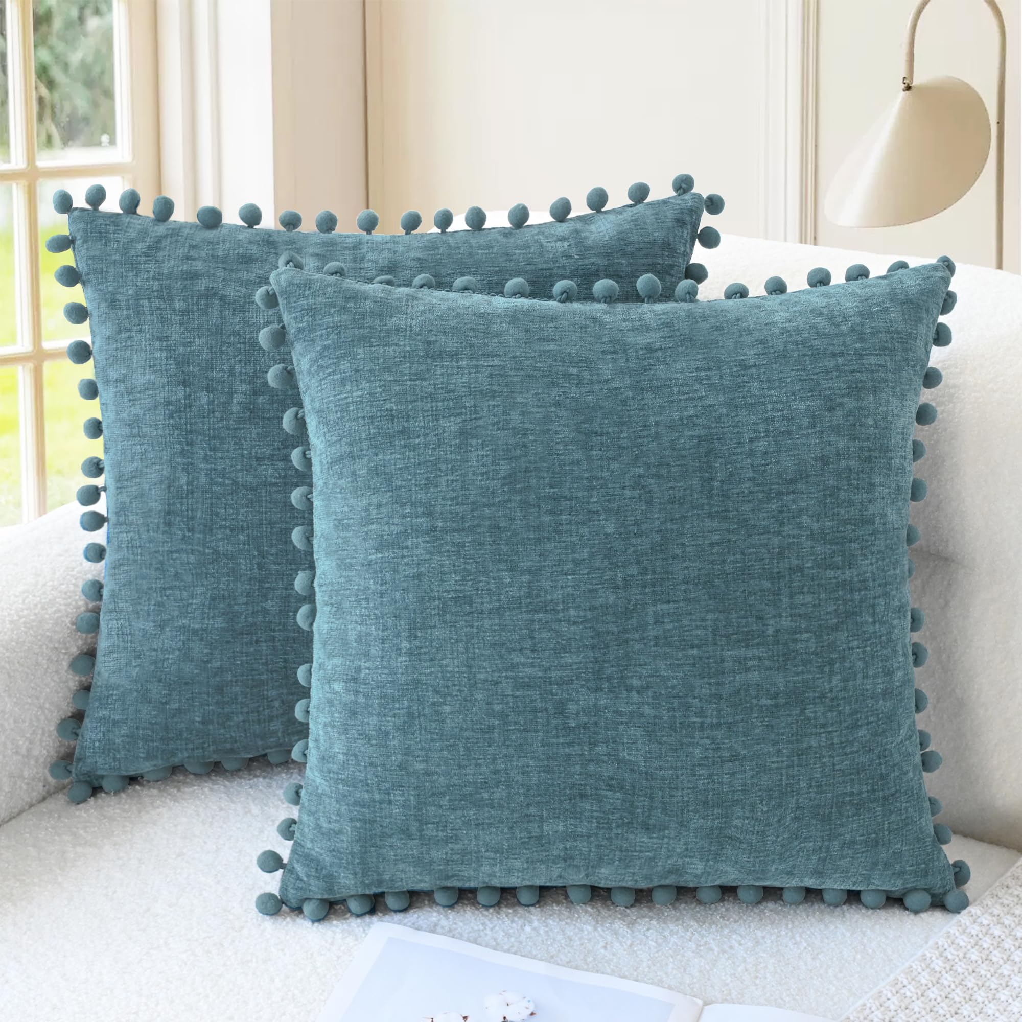 CaliTime Throw Pillow Cases Pack of 2 Cozy Solid Dyed Soft Chenille Cushion Covers with Pom Poms for Couch Sofa Home Decoration 55cm x 55cm Smoke Blue