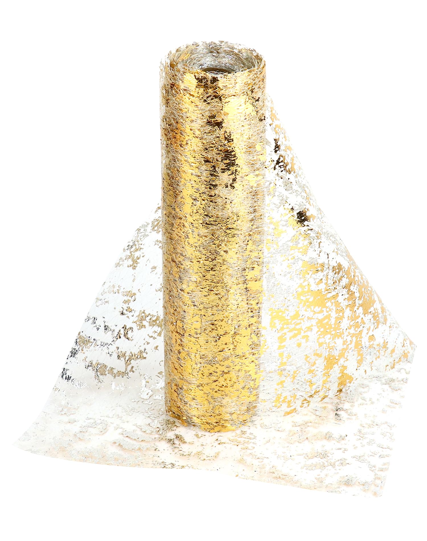 QWORK® Metallic Gold Table Runner - 28cm x 20m Polyester Fabric Netting with Unique Foil Design - Perfect for Weddings, Parties, and Crafts