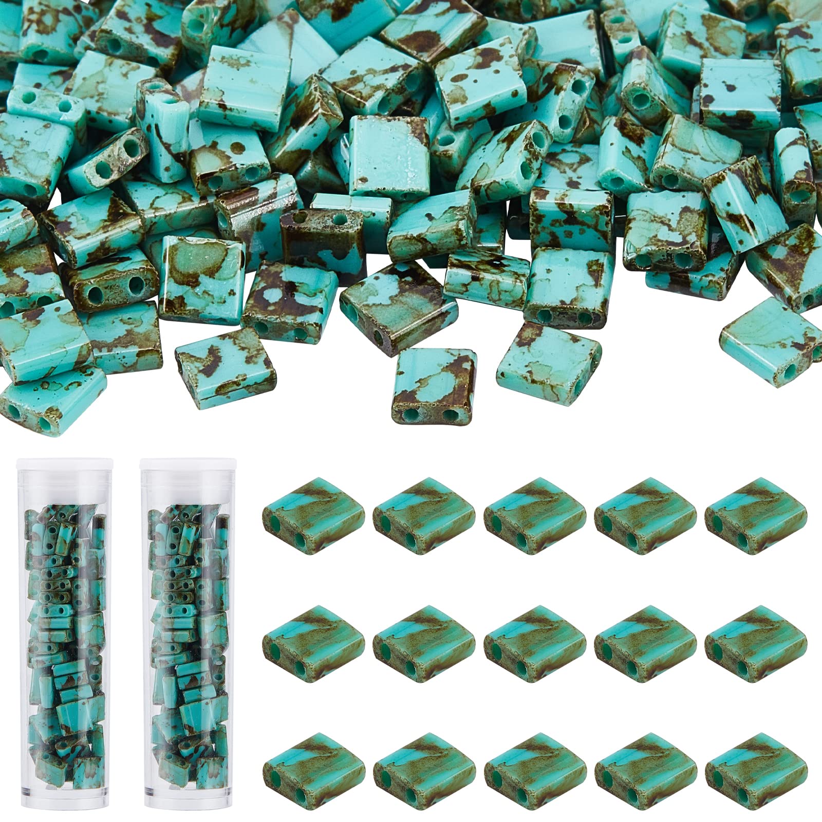 NBEADS 152 Pcs Opaque Glass Tila Beads, Antique Style 2-Hole Glass Pony Beads Rectangle Loose Beads for Jewelry Design Necklace Bracelet Earring Making, Medium Sea Green — image 1